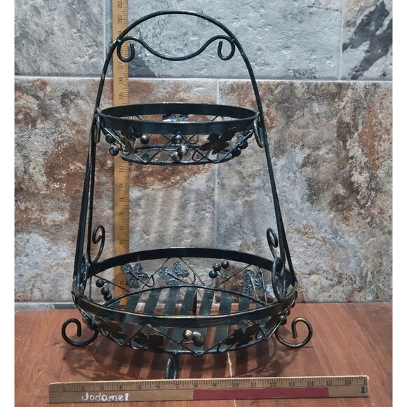 Two Tier Metal Fruit Basket Kitchen Storage Organizer 21" High Vines and Leaves - Picture 9 of 12
